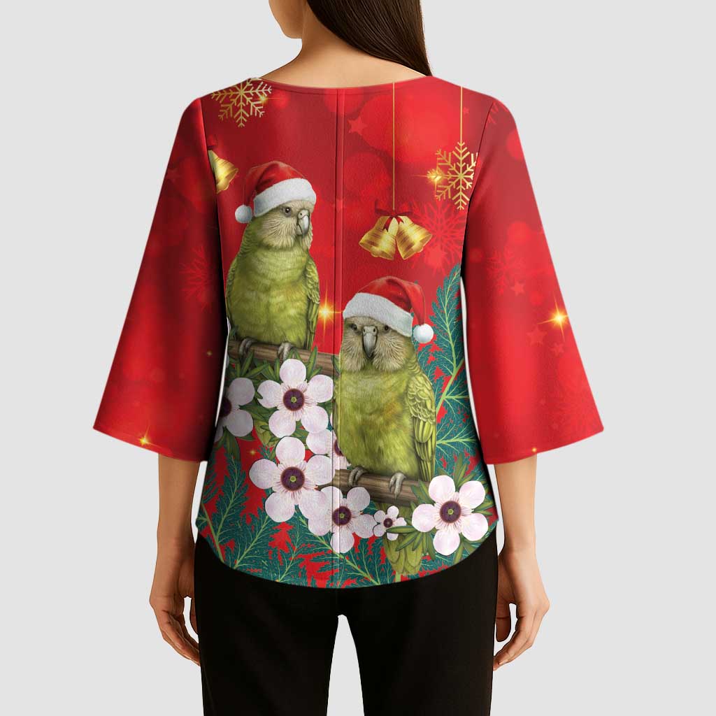 New Zealand Kakapo Christmas Kimono Sleeve Blouse Owl Parrot Santa Sliver Fern Manuka - Red LT14 - Polynesian Pride