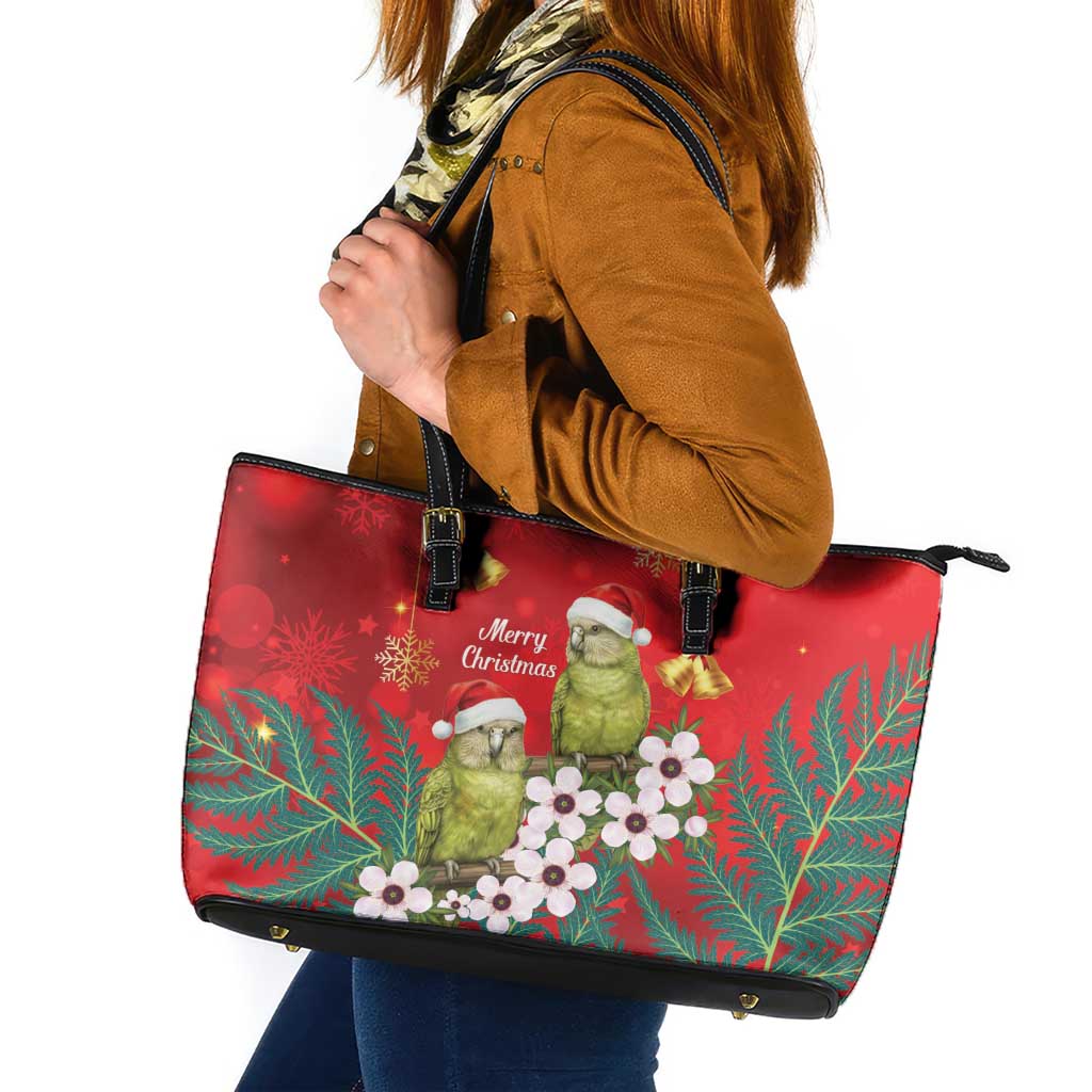 New Zealand Kakapo Christmas Leather Tote Bag Owl Parrot Santa Sliver Fern Manuka - Red LT14 Red - Polynesian Pride