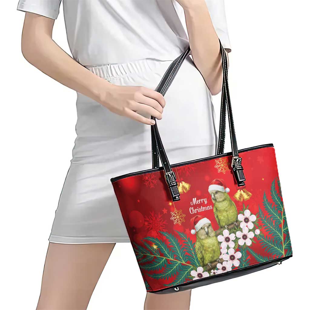 New Zealand Kakapo Christmas Leather Tote Bag Owl Parrot Santa Sliver Fern Manuka - Red LT14 - Polynesian Pride
