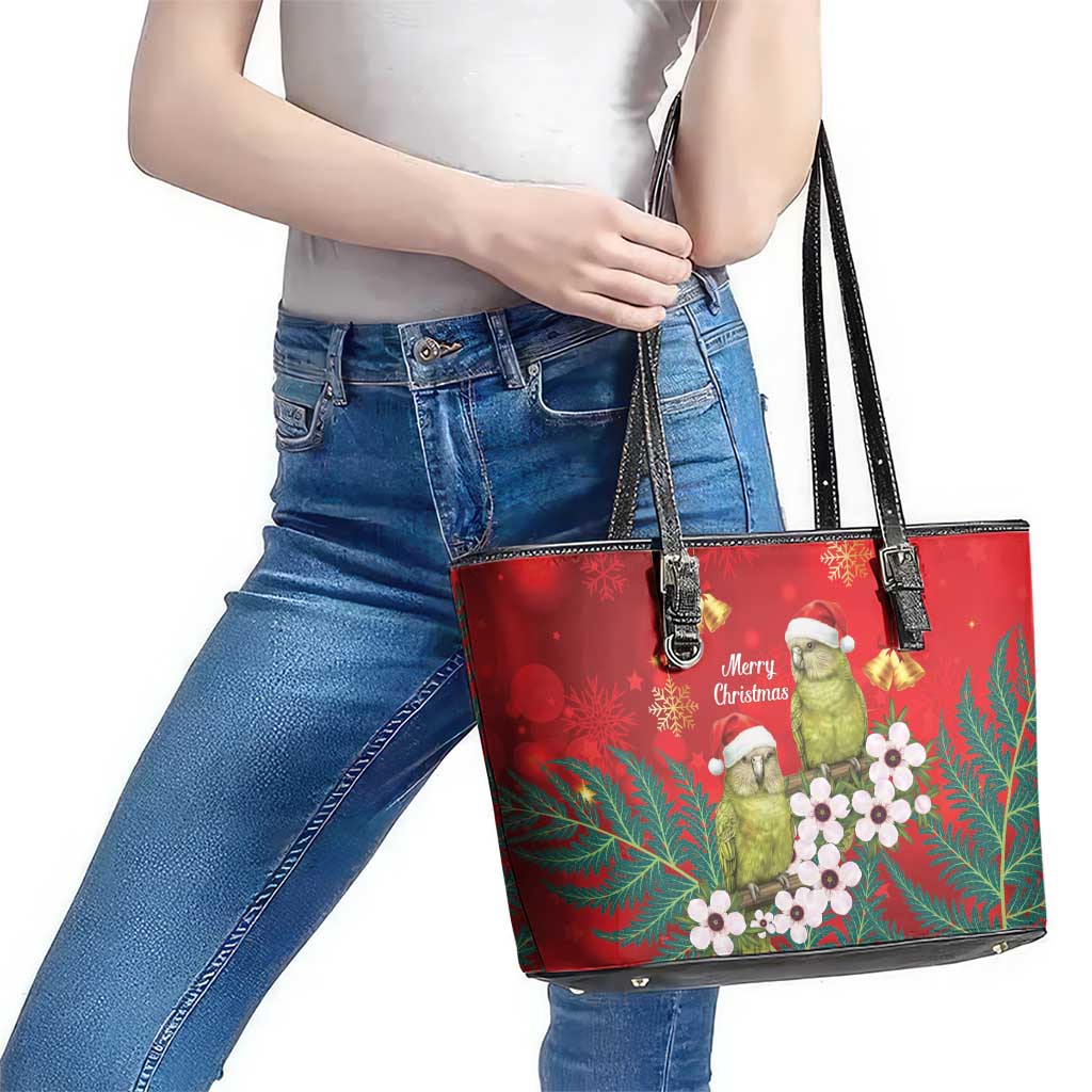 New Zealand Kakapo Christmas Leather Tote Bag Owl Parrot Santa Sliver Fern Manuka - Red LT14 - Polynesian Pride