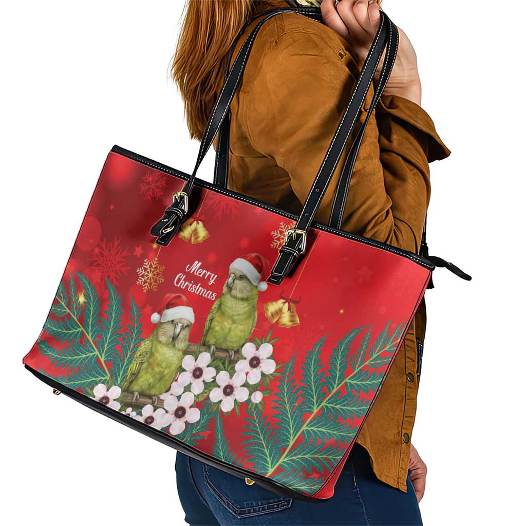 New Zealand Kakapo Christmas Leather Tote Bag Owl Parrot Santa Sliver Fern Manuka - Red LT14 - Polynesian Pride