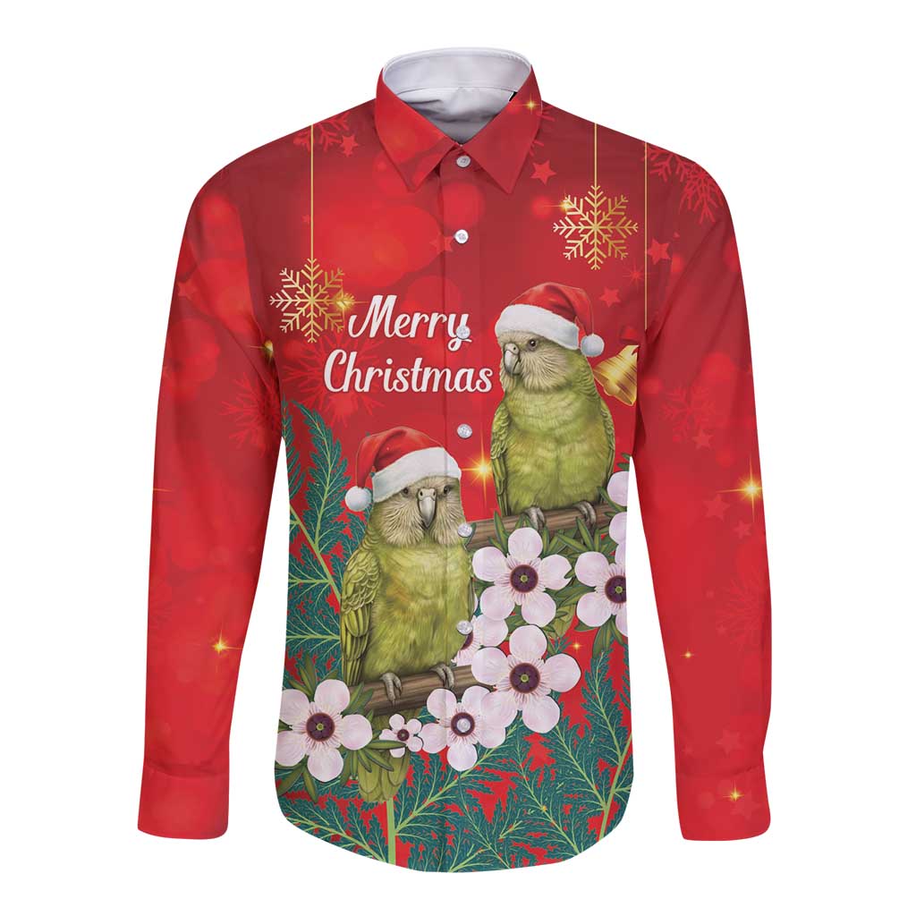 New Zealand Kakapo Christmas Long Sleeve Button Shirt Owl Parrot Santa Sliver Fern Manuka - Red LT14 Unisex Red - Polynesian Pride