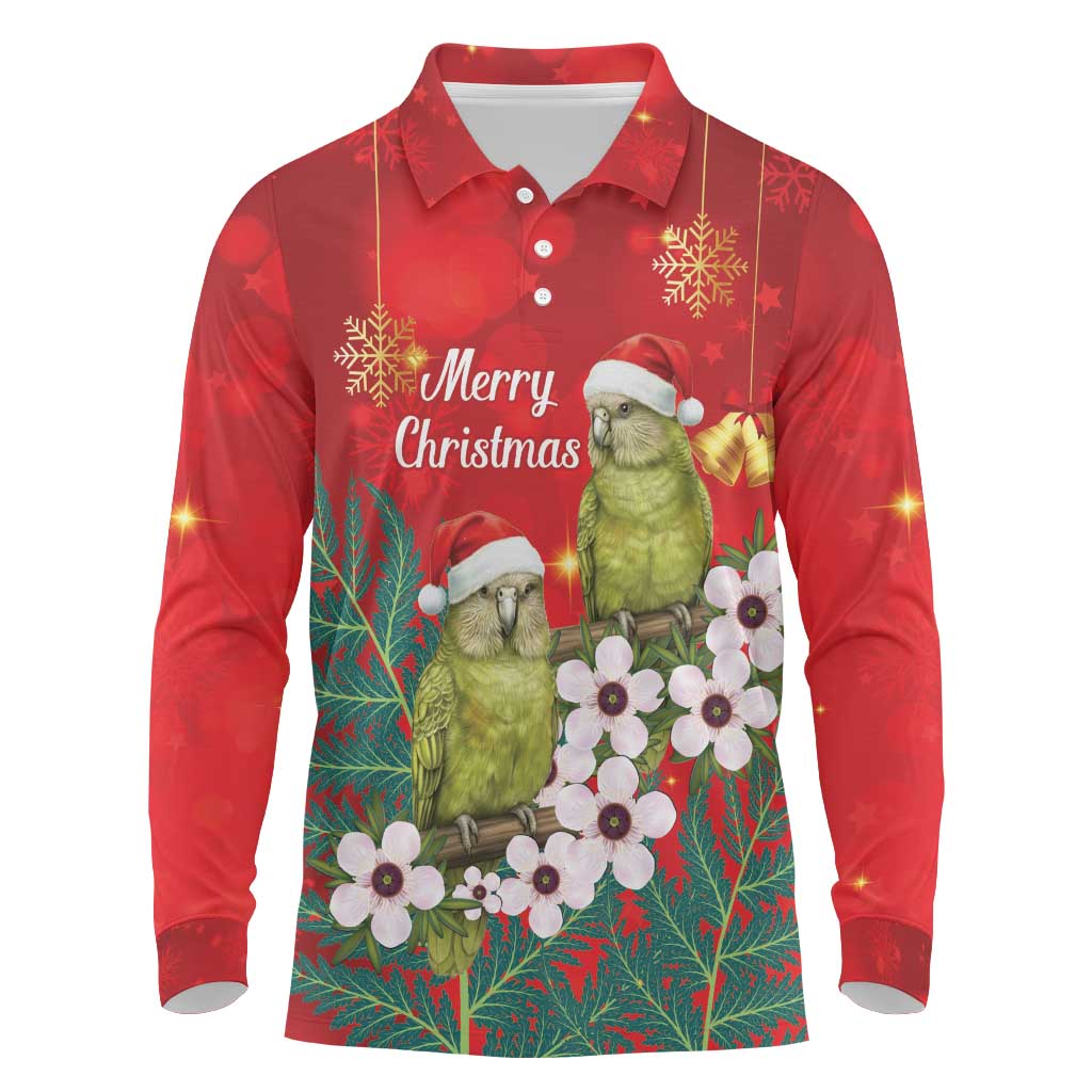 New Zealand Kakapo Christmas Long Sleeve Polo Shirt Owl Parrot Santa Sliver Fern Manuka - Red LT14 Red - Polynesian Pride