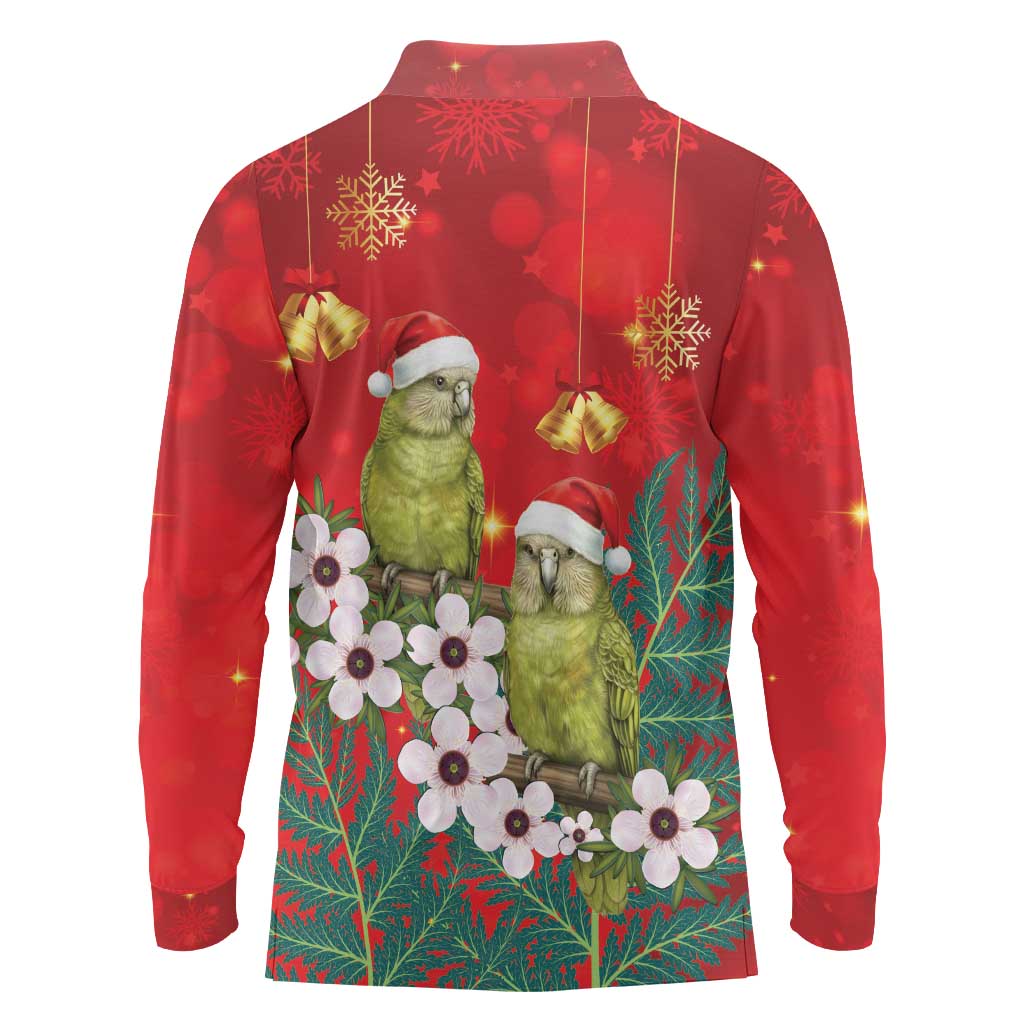 New Zealand Kakapo Christmas Long Sleeve Polo Shirt Owl Parrot Santa Sliver Fern Manuka - Red LT14 - Polynesian Pride