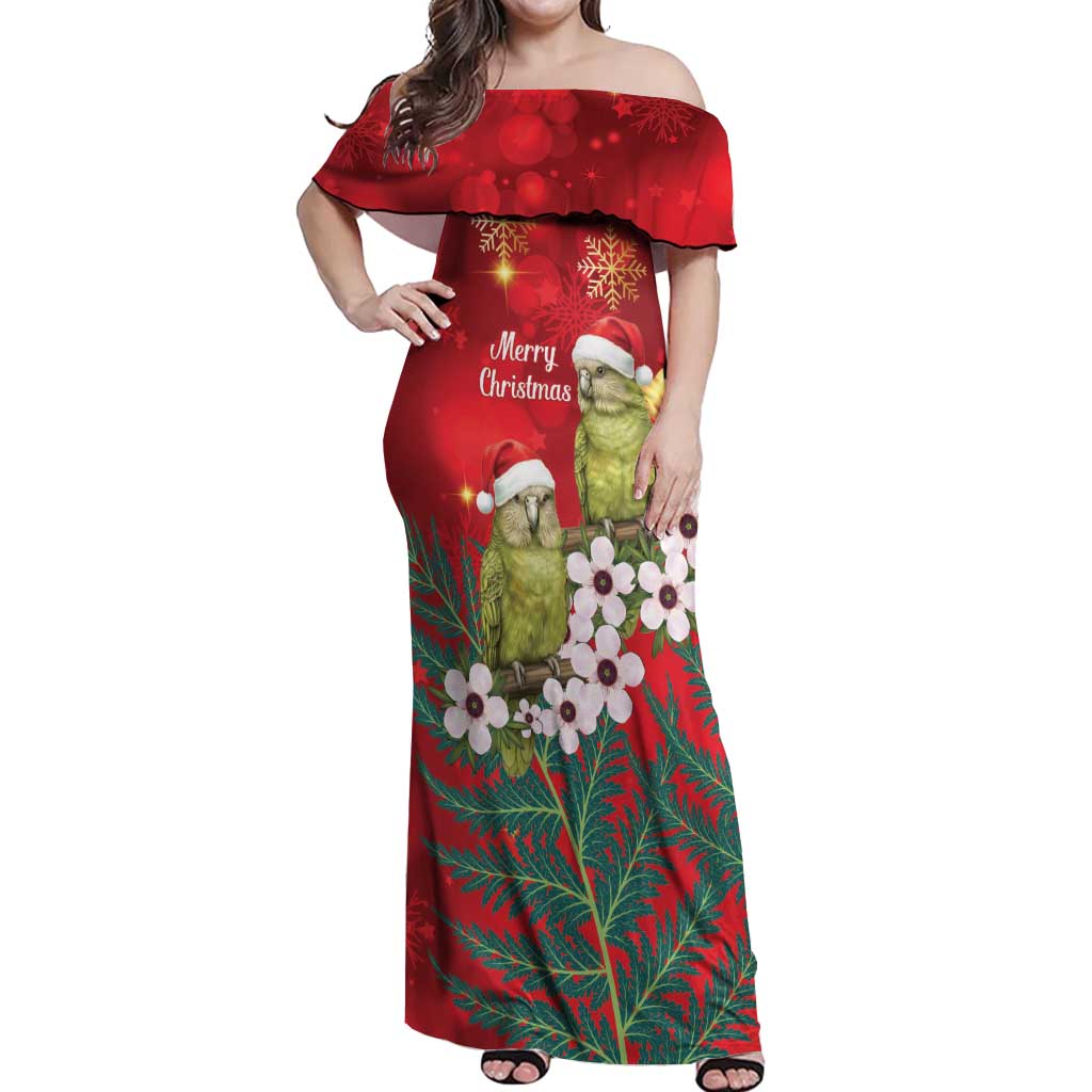 New Zealand Kakapo Christmas Off Shoulder Maxi Dress Owl Parrot Santa Sliver Fern Manuka - Red LT14 Women Red - Polynesian Pride