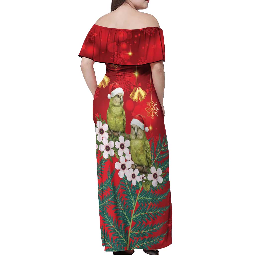 New Zealand Kakapo Christmas Off Shoulder Maxi Dress Owl Parrot Santa Sliver Fern Manuka - Red LT14 - Polynesian Pride