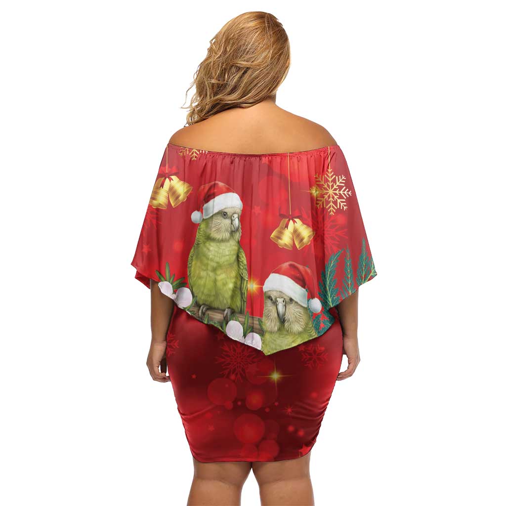 New Zealand Kakapo Christmas Off Shoulder Short Dress Owl Parrot Santa Sliver Fern Manuka - Red LT14 - Polynesian Pride