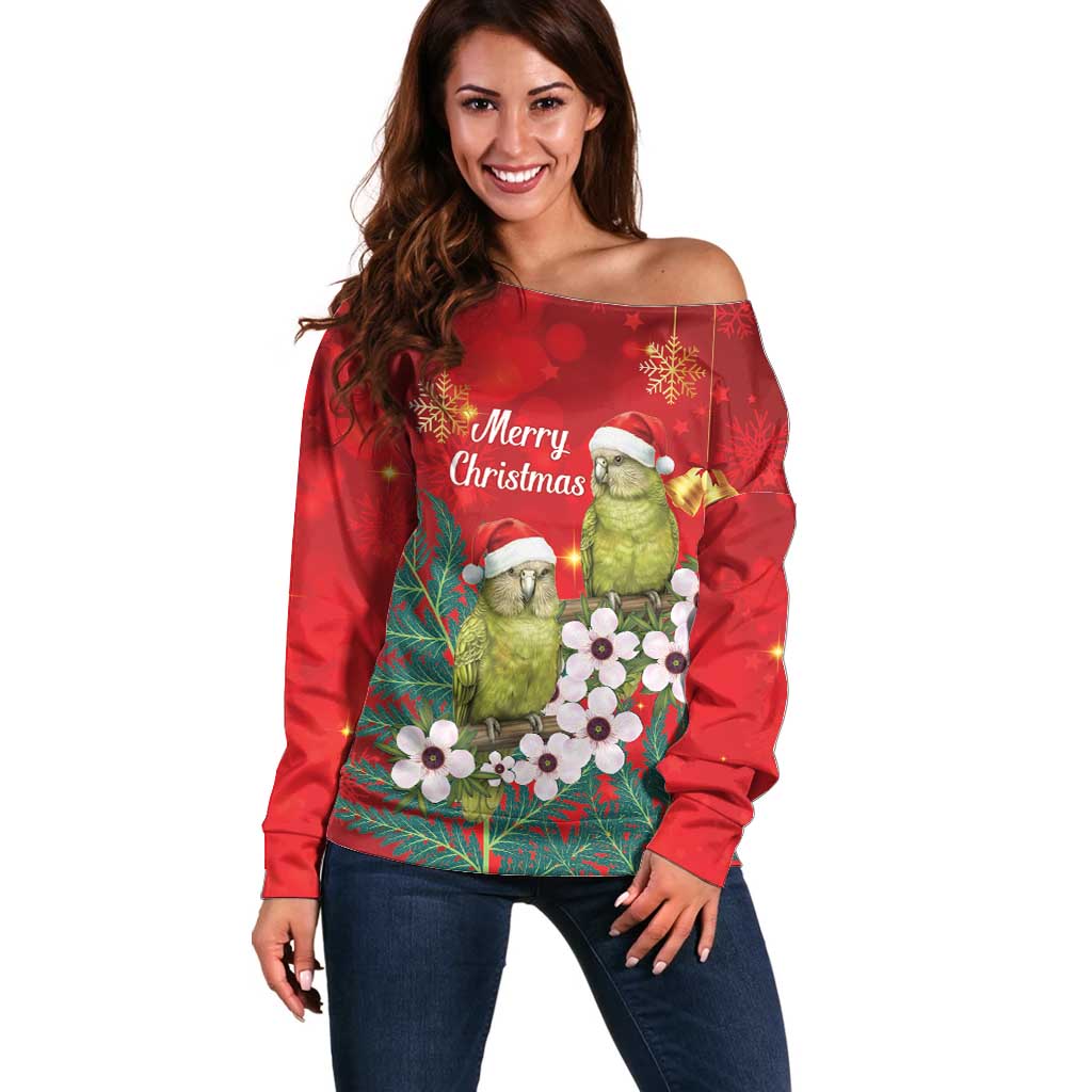 New Zealand Kakapo Christmas Off Shoulder Sweater Owl Parrot Santa Sliver Fern Manuka - Red LT14 Women Red - Polynesian Pride