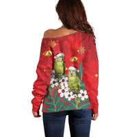 New Zealand Kakapo Christmas Off Shoulder Sweater Owl Parrot Santa Sliver Fern Manuka - Red LT14 - Polynesian Pride
