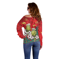 New Zealand Kakapo Christmas Off Shoulder Sweater Owl Parrot Santa Sliver Fern Manuka - Red LT14 - Polynesian Pride