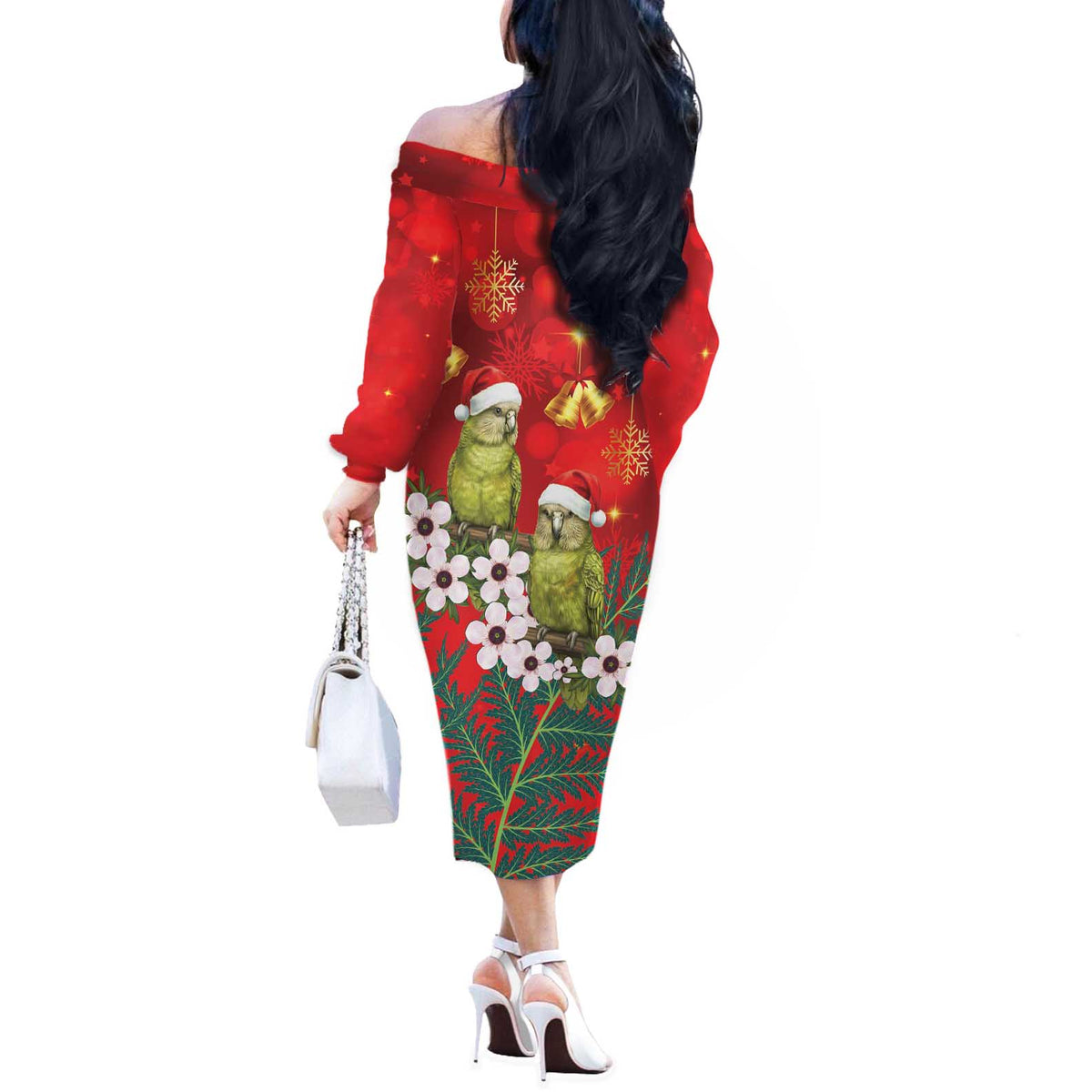 New Zealand Kakapo Christmas Off The Shoulder Long Sleeve Dress Owl Parrot Santa Sliver Fern Manuka - Red LT14 - Polynesian Pride