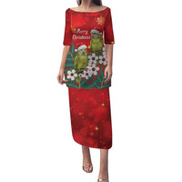 New Zealand Kakapo Christmas Puletasi Owl Parrot Santa Sliver Fern Manuka - Red LT14 Long Dress Red - Polynesian Pride