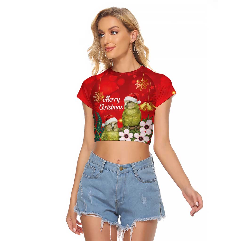 New Zealand Kakapo Christmas Raglan Cropped T Shirt Owl Parrot Santa Sliver Fern Manuka - Red - Polynesian Pride