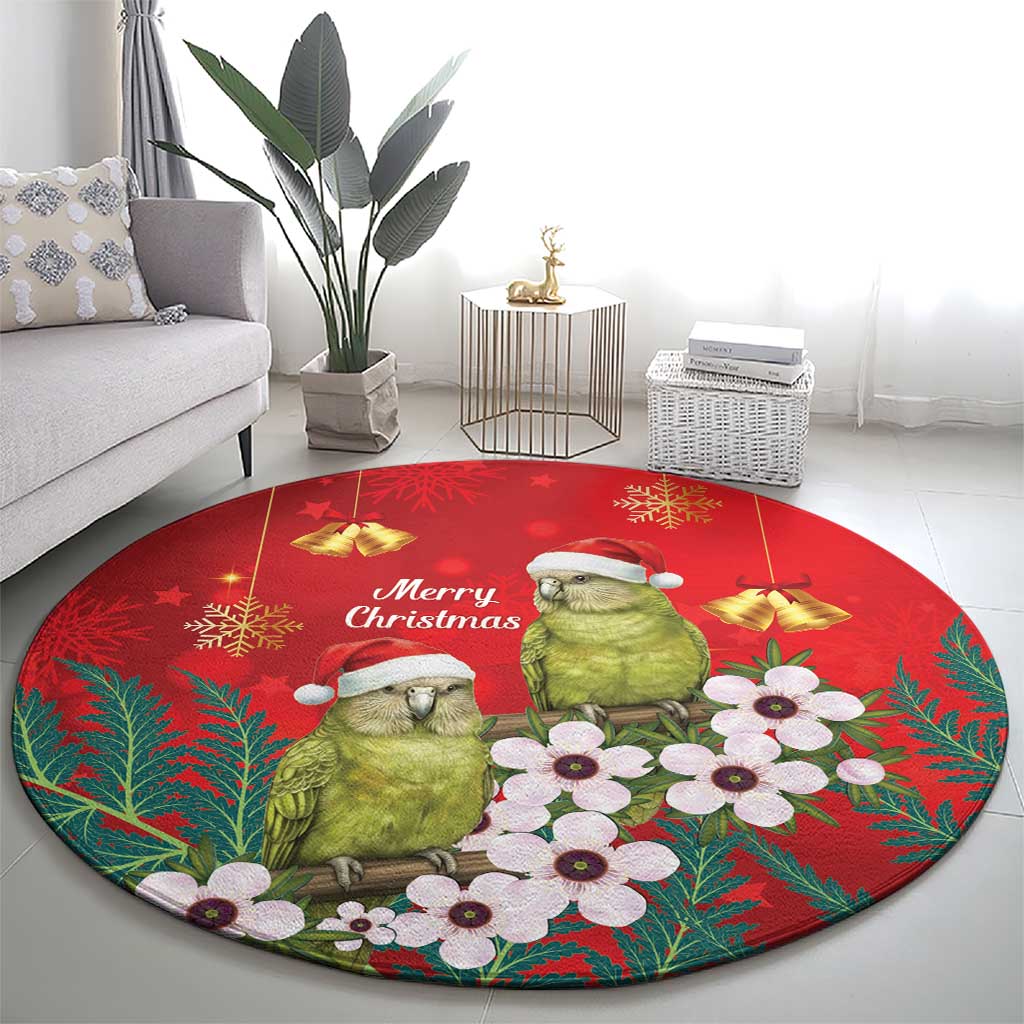 New Zealand Kakapo Christmas Round Carpet Owl Parrot Santa Sliver Fern Manuka - Red LT14 - Polynesian Pride