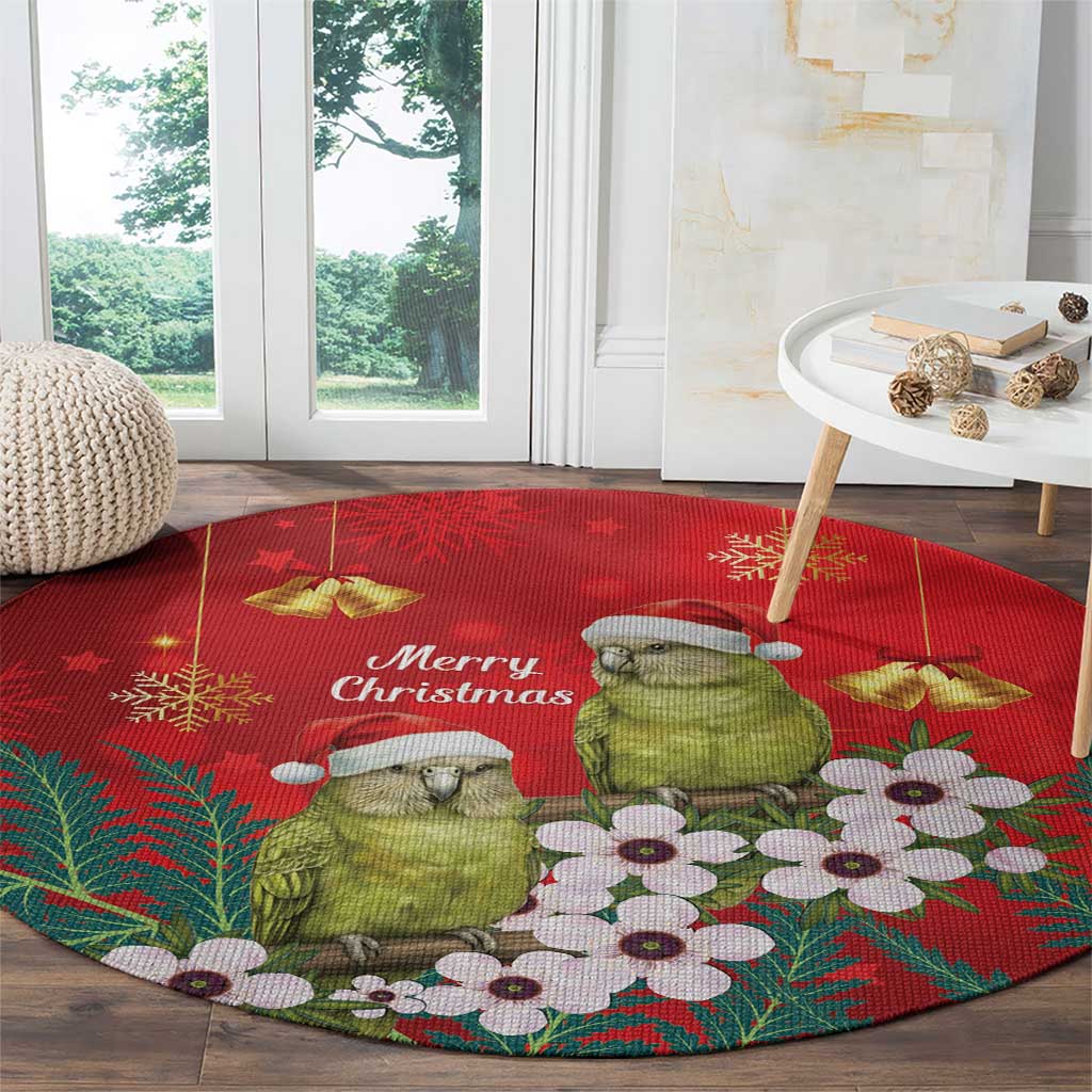 New Zealand Kakapo Christmas Round Carpet Owl Parrot Santa Sliver Fern Manuka - Red LT14 - Polynesian Pride