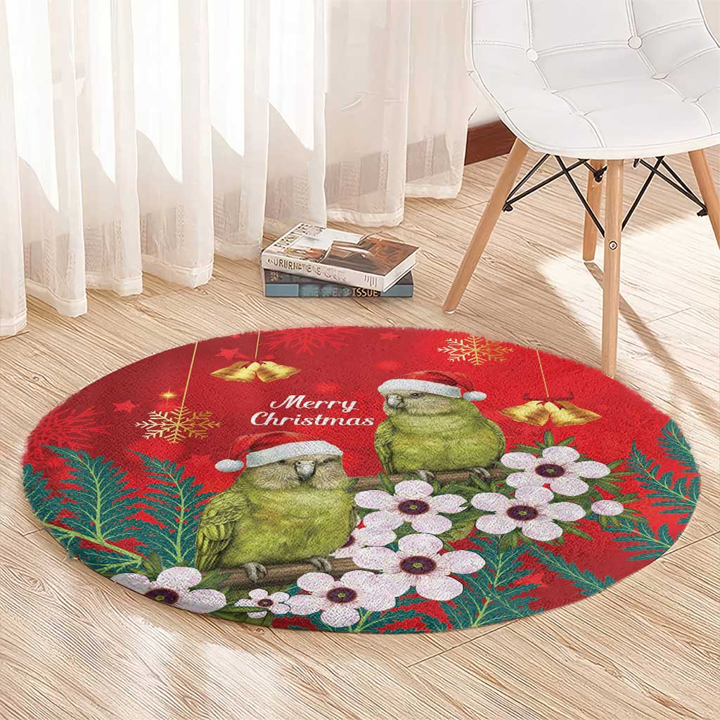 New Zealand Kakapo Christmas Round Carpet Owl Parrot Santa Sliver Fern Manuka - Red LT14 - Polynesian Pride