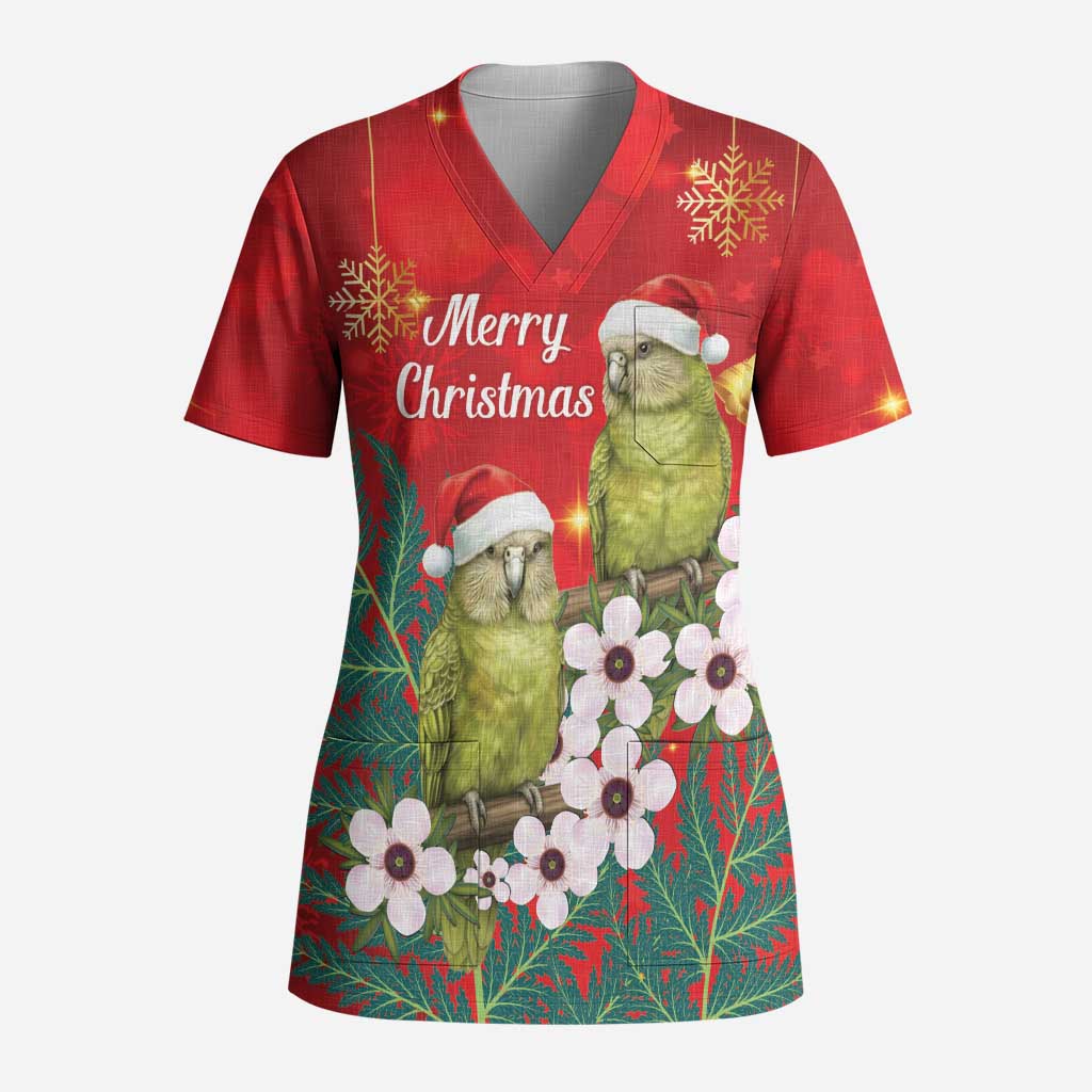 New Zealand Kakapo Christmas Scrub Top Owl Parrot Santa Sliver Fern Manuka - Red LT14 Adult Red - Polynesian Pride