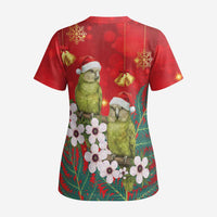 New Zealand Kakapo Christmas Scrub Top Owl Parrot Santa Sliver Fern Manuka - Red LT14 - Polynesian Pride