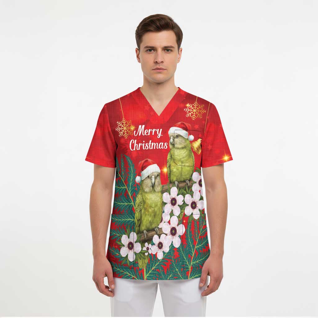 New Zealand Kakapo Christmas Scrub Top Owl Parrot Santa Sliver Fern Manuka - Red LT14 - Polynesian Pride