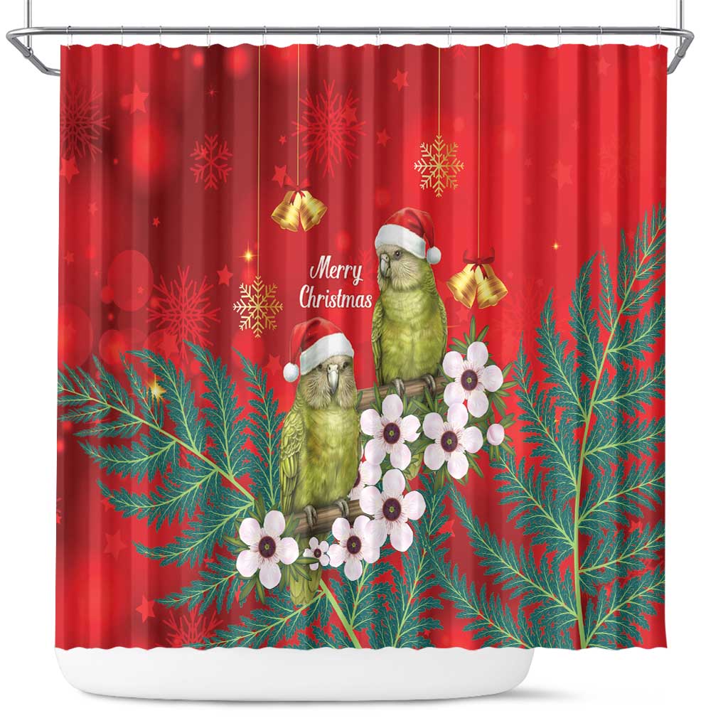 New Zealand Kakapo Christmas Shower Curtain Owl Parrot Santa Sliver Fern Manuka - Red LT14 Red - Polynesian Pride