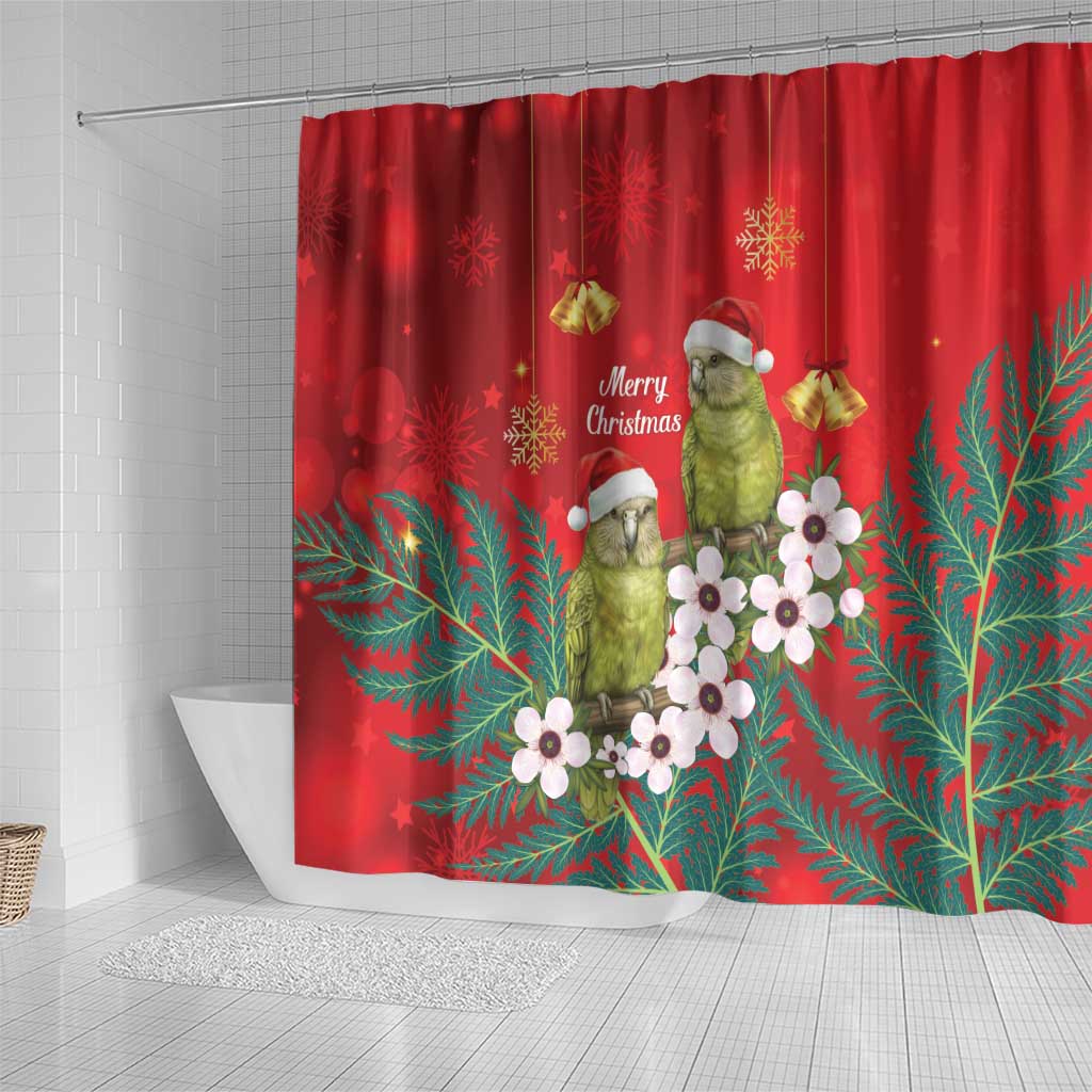 New Zealand Kakapo Christmas Shower Curtain Owl Parrot Santa Sliver Fern Manuka - Red LT14 - Polynesian Pride