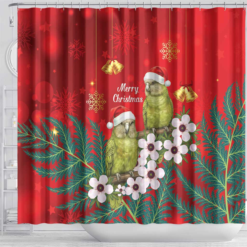 New Zealand Kakapo Christmas Shower Curtain Owl Parrot Santa Sliver Fern Manuka - Red LT14 - Polynesian Pride