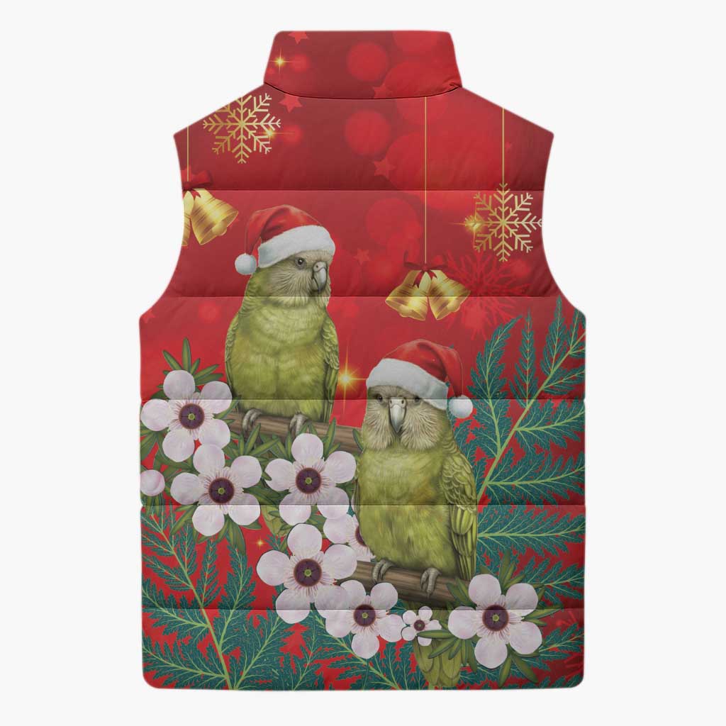 New Zealand Kakapo Christmas Sleeveless Puffer Jacket Owl Parrot Santa Sliver Fern Manuka - Red LT14 - Polynesian Pride