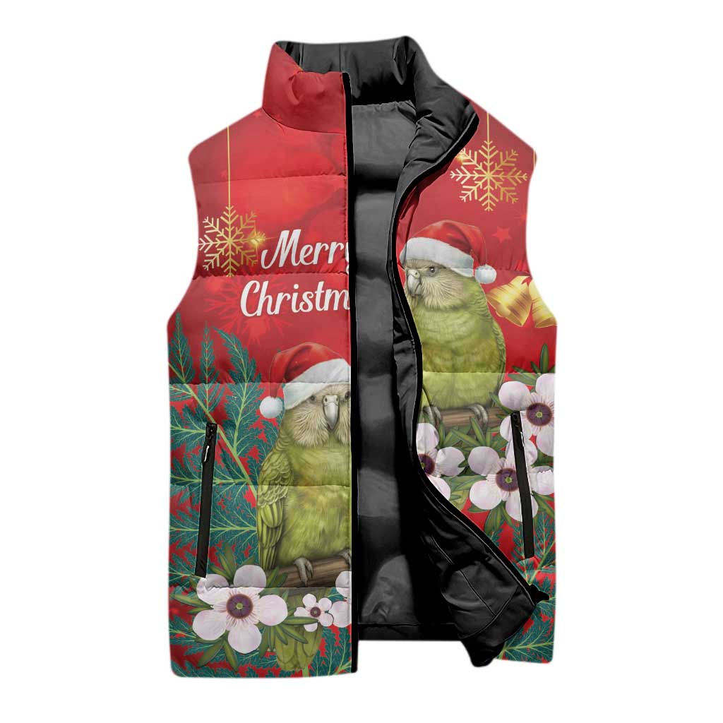 New Zealand Kakapo Christmas Sleeveless Puffer Jacket Owl Parrot Santa Sliver Fern Manuka - Red LT14 - Polynesian Pride