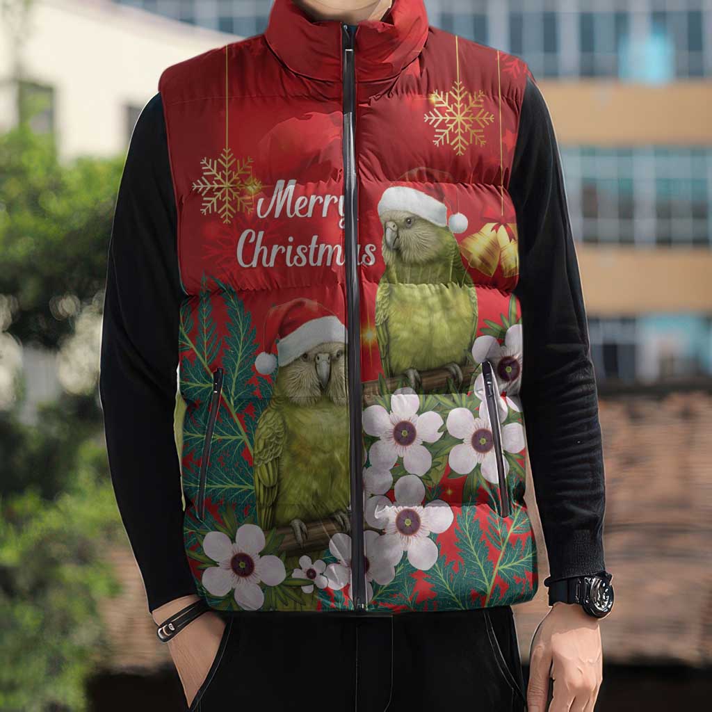 New Zealand Kakapo Christmas Sleeveless Puffer Jacket Owl Parrot Santa Sliver Fern Manuka - Red LT14 - Polynesian Pride