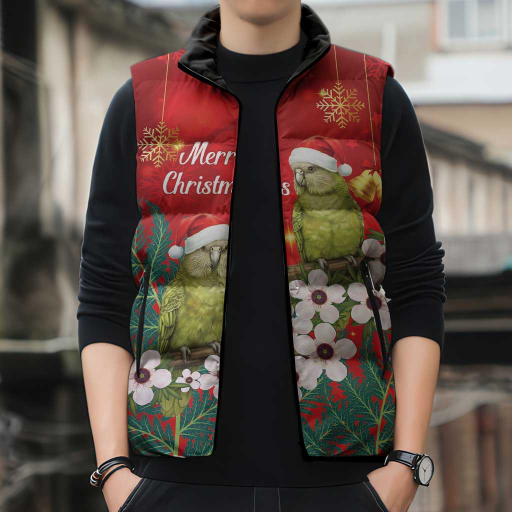 New Zealand Kakapo Christmas Sleeveless Puffer Jacket Owl Parrot Santa Sliver Fern Manuka - Red LT14 - Polynesian Pride