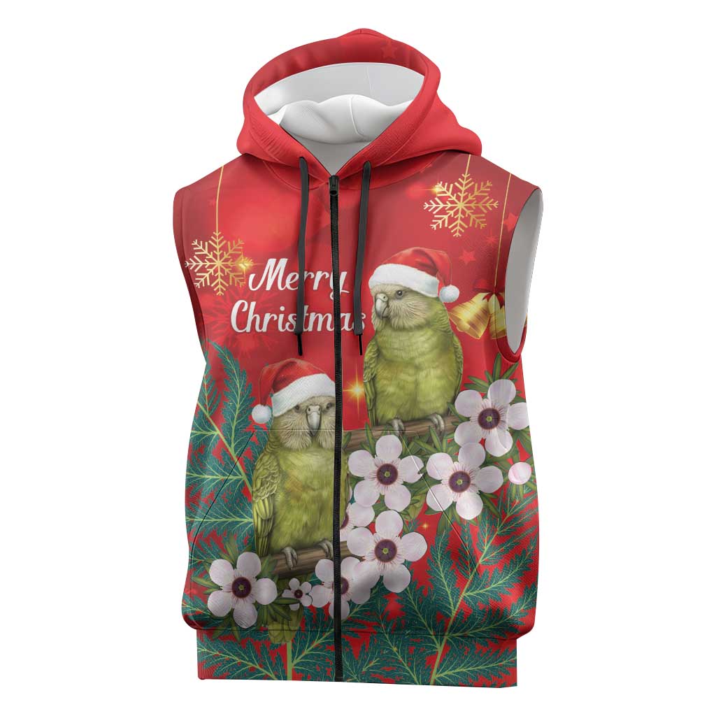 New Zealand Kakapo Christmas Sleeveless Zip Hoodie Owl Parrot Santa Sliver Fern Manuka - Red LT14 Red - Polynesian Pride