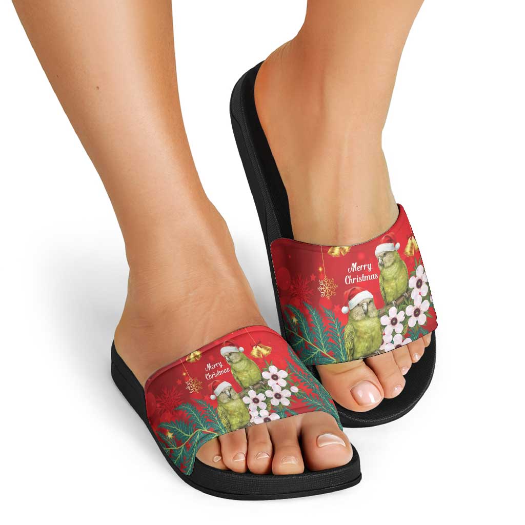 New Zealand Kakapo Christmas Slide Sandals Owl Parrot Santa Sliver Fern Manuka - Red LT14 - Polynesian Pride
