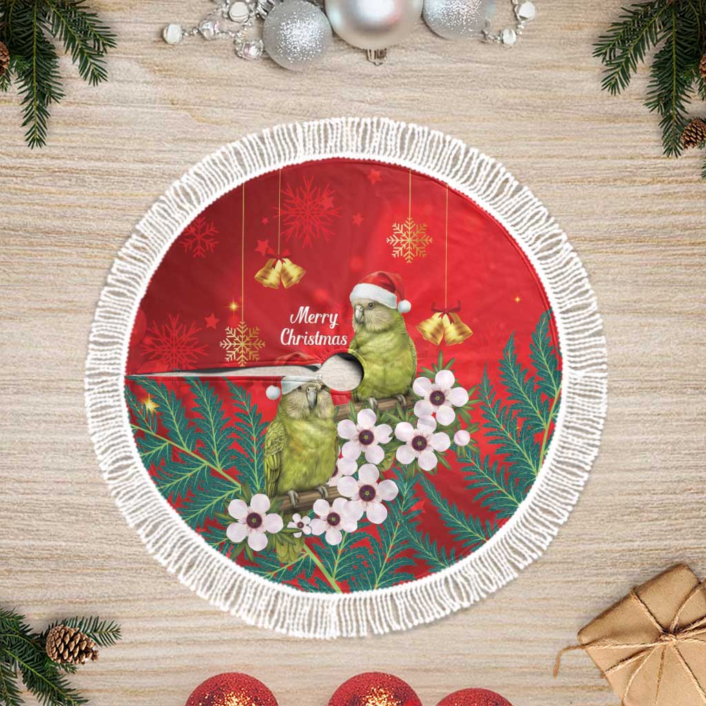 New Zealand Kakapo Christmas Tree Skirt Owl Parrot Santa Sliver Fern Manuka - Red LT14 Fringed Red - Polynesian Pride