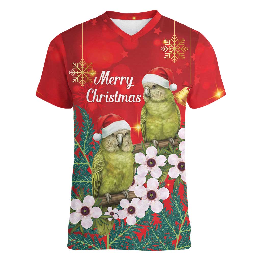New Zealand Kakapo Christmas Women V-Neck T-Shirt Owl Parrot Santa Sliver Fern Manuka - Red LT14 Female Red - Polynesian Pride