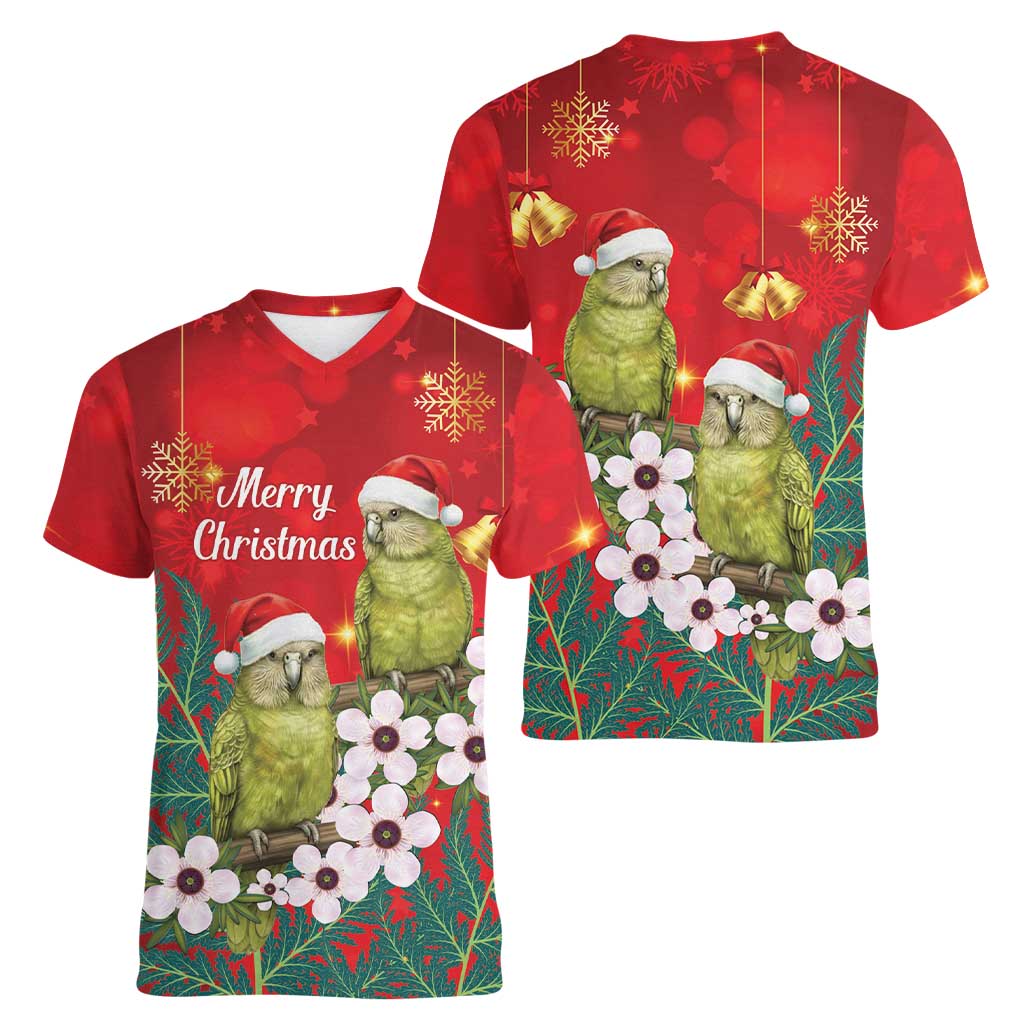 New Zealand Kakapo Christmas Women V-Neck T-Shirt Owl Parrot Santa Sliver Fern Manuka - Red LT14 - Polynesian Pride