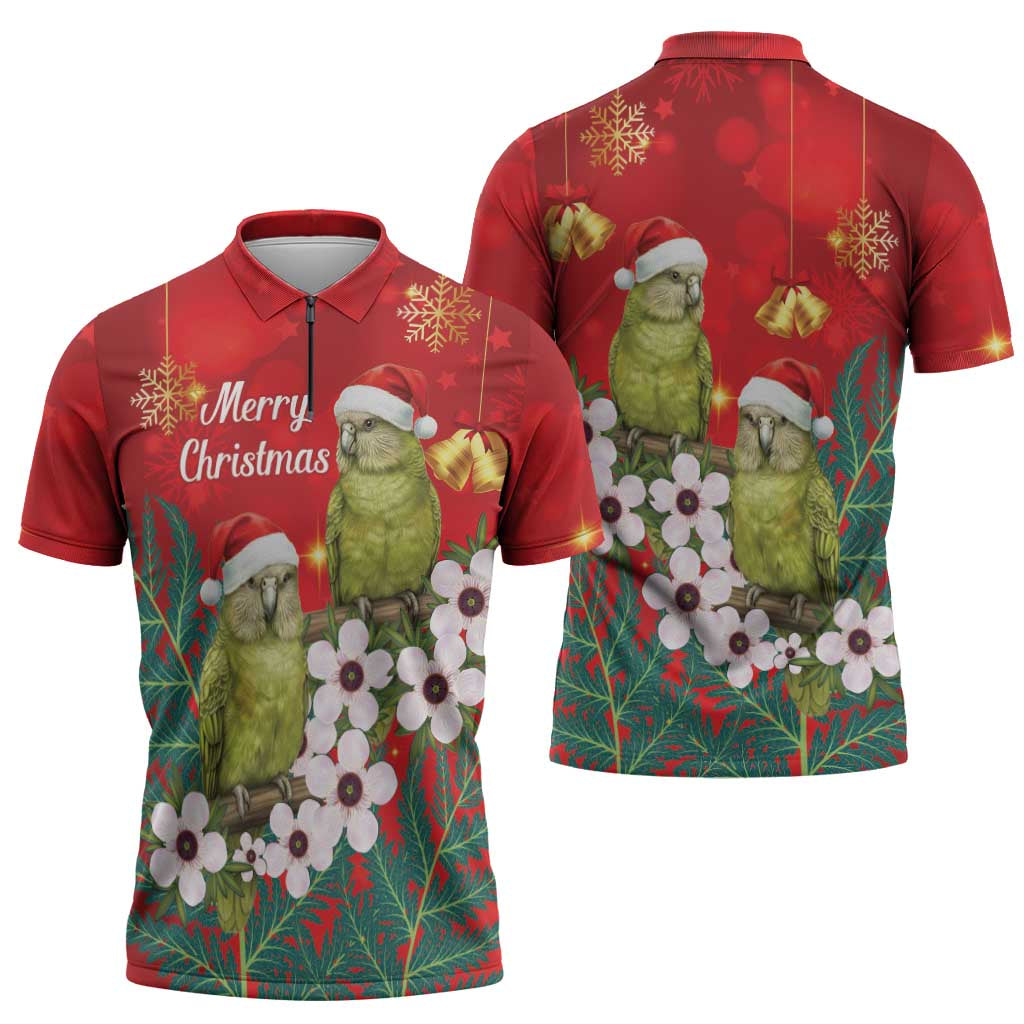 New Zealand Kakapo Christmas Zipper Polo Shirt Owl Parrot Santa Sliver Fern Manuka - Red LT14 - Polynesian Pride