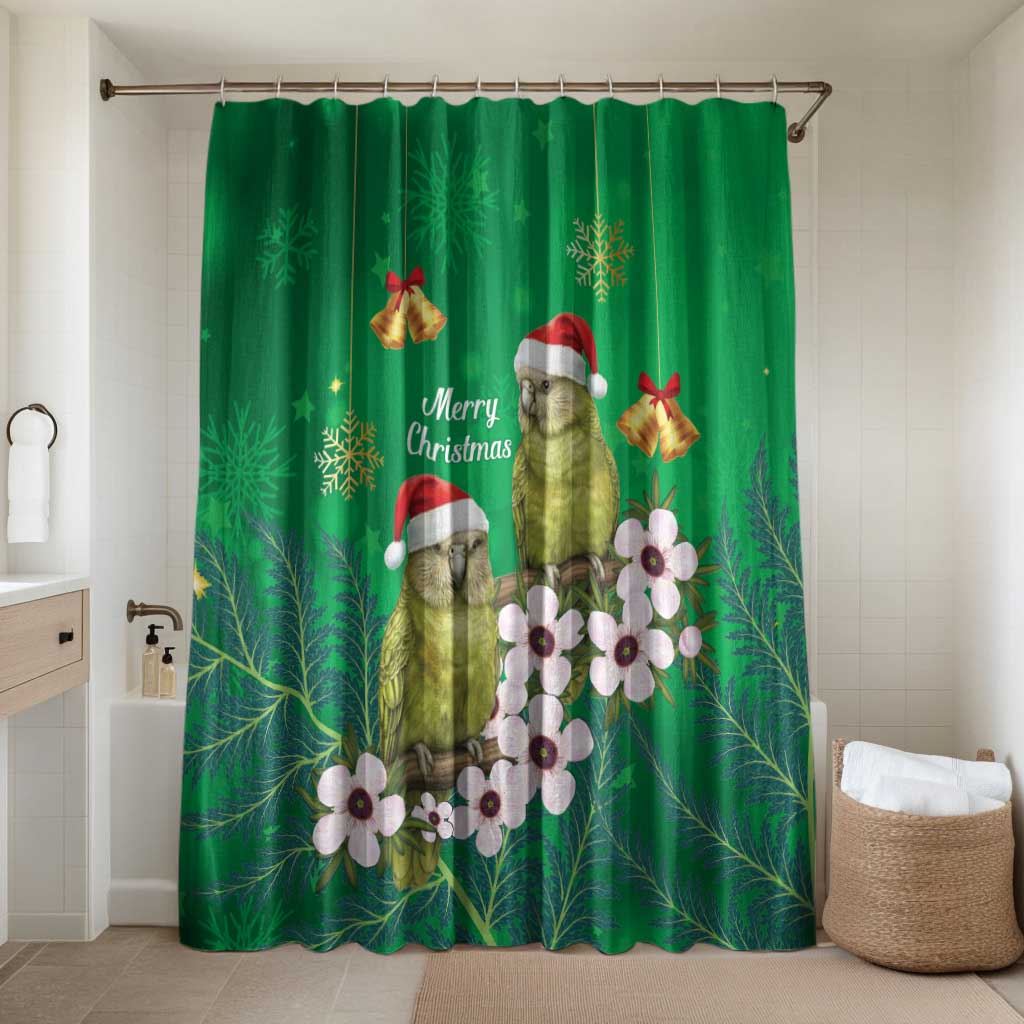 New Zealand Kakapo Christmas Bathroom Set Owl Parrot Santa Sliver Fern Manuka - Green LT14 Shower Curtain Only Green - Polynesian Pride
