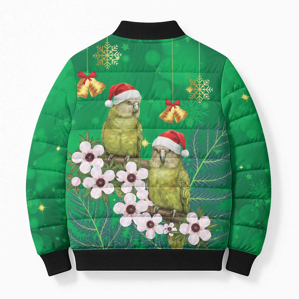 New Zealand Kakapo Christmas Bomber Puffer Jacket Owl Parrot Santa Sliver Fern Manuka - Green LT14 - Polynesian Pride
