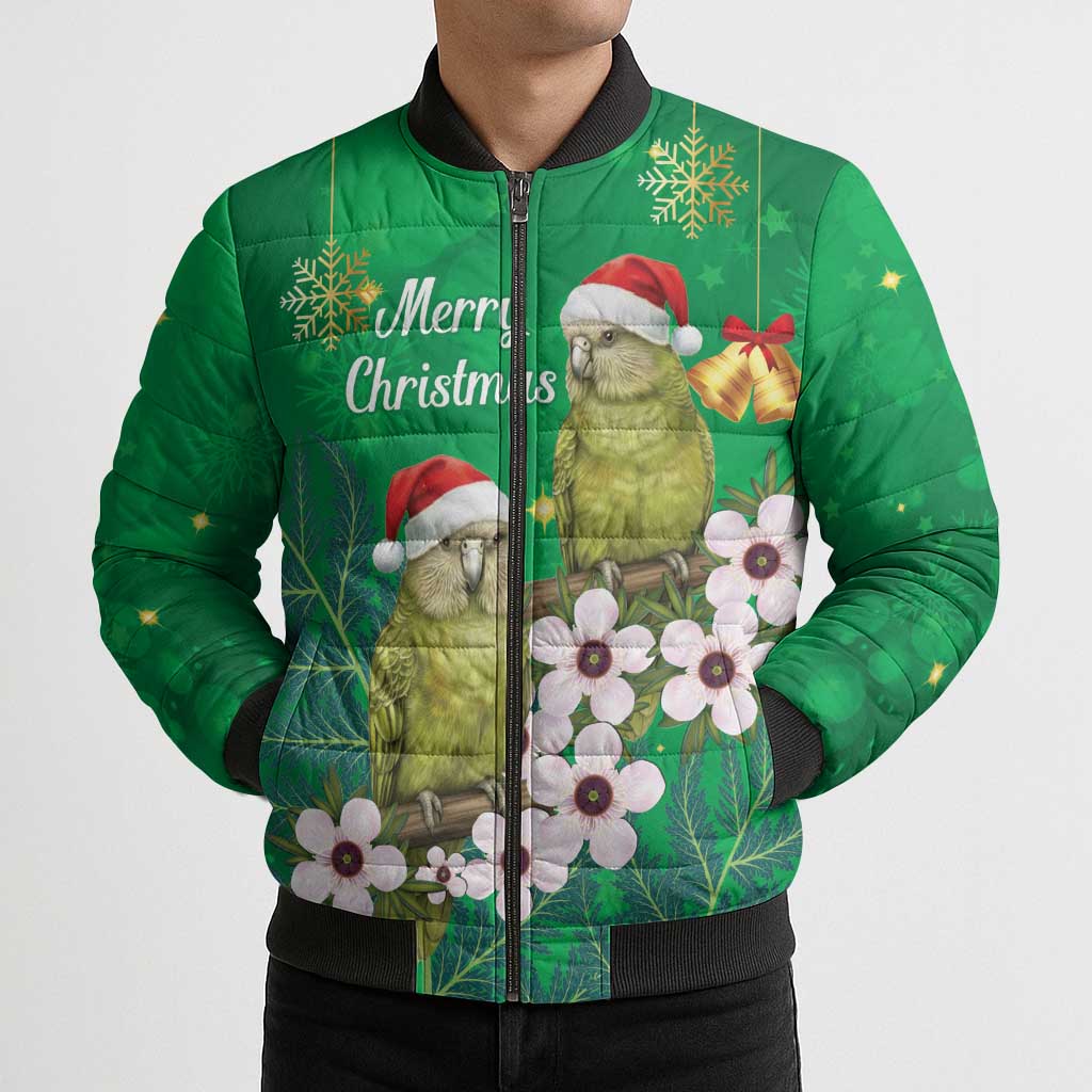 New Zealand Kakapo Christmas Bomber Puffer Jacket Owl Parrot Santa Sliver Fern Manuka - Green LT14 - Polynesian Pride