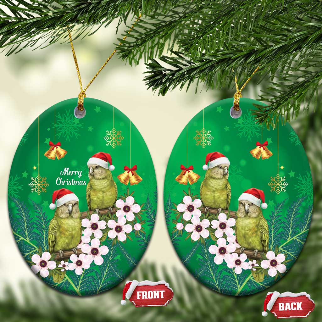 New Zealand Kakapo Christmas Ceramic Ornament Owl Parrot Santa Sliver Fern Manuka - Green LT14 Oval Green - Polynesian Pride