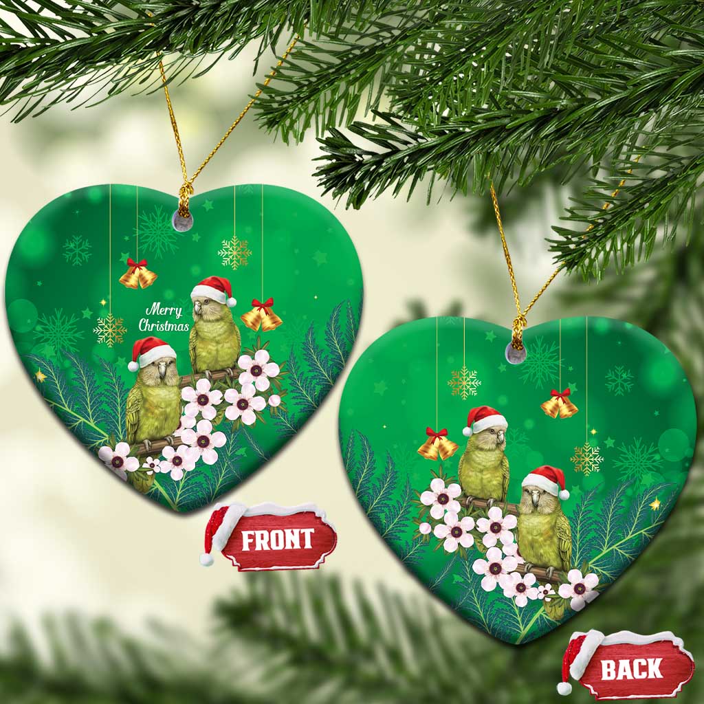New Zealand Kakapo Christmas Ceramic Ornament Owl Parrot Santa Sliver Fern Manuka - Green LT14 Heart Green - Polynesian Pride