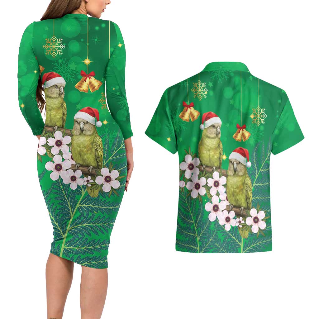 New Zealand Kakapo Christmas Couples Matching Long Sleeve Bodycon Dress and Hawaiian Shirt Owl Parrot Santa Sliver Fern Manuka - Green LT14 - Polynesian Pride