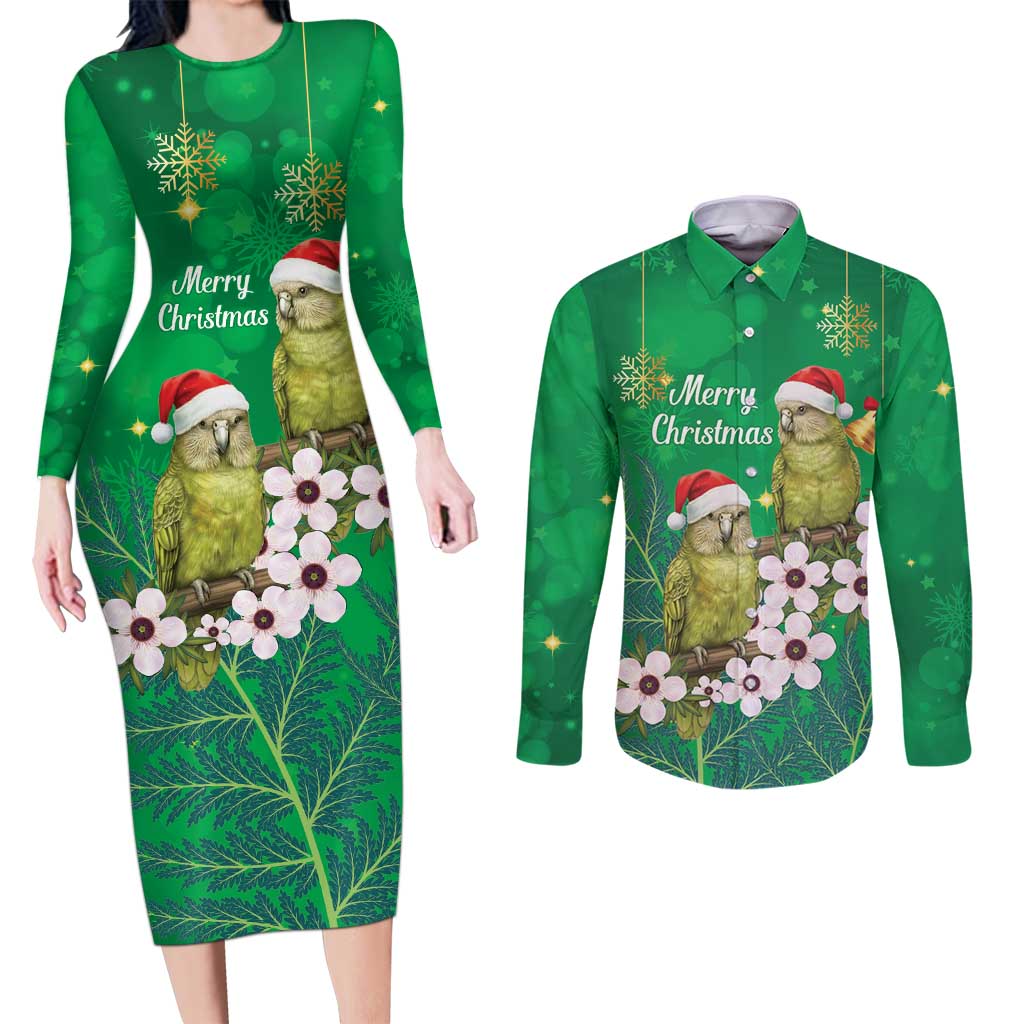 New Zealand Kakapo Christmas Couples Matching Long Sleeve Bodycon Dress and Long Sleeve Button Shirt Owl Parrot Santa Sliver Fern Manuka - Green LT14 Green - Polynesian Pride