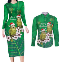 New Zealand Kakapo Christmas Couples Matching Long Sleeve Bodycon Dress and Long Sleeve Button Shirt Owl Parrot Santa Sliver Fern Manuka - Green LT14 Green - Polynesian Pride
