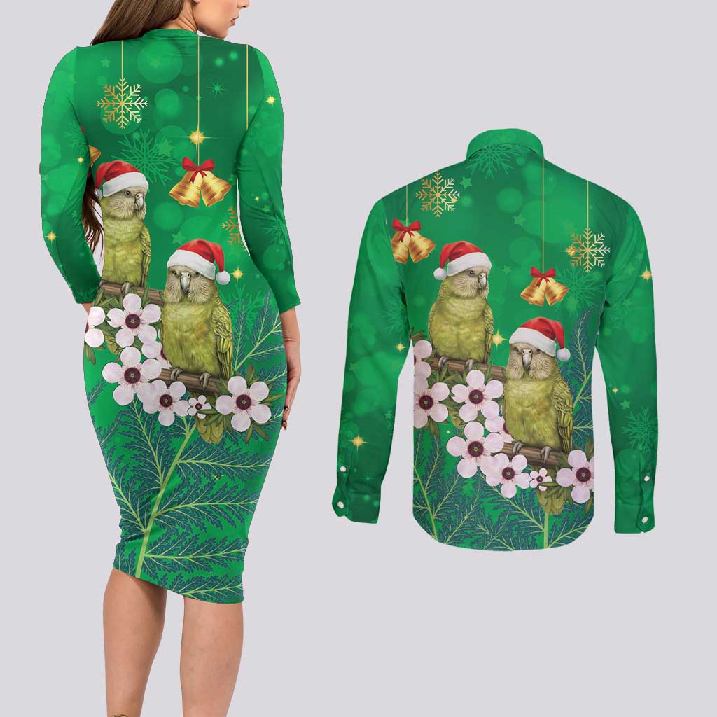 New Zealand Kakapo Christmas Couples Matching Long Sleeve Bodycon Dress and Long Sleeve Button Shirt Owl Parrot Santa Sliver Fern Manuka - Green LT14 - Polynesian Pride