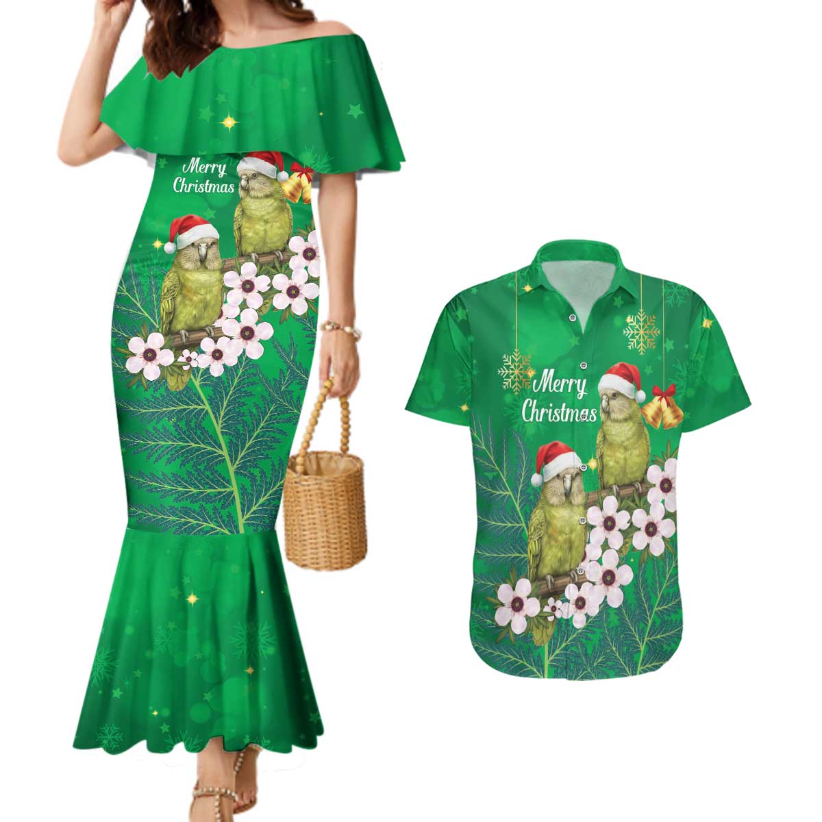 New Zealand Kakapo Christmas Couples Matching Mermaid Dress and Hawaiian Shirt Owl Parrot Santa Sliver Fern Manuka - Green LT14 Green - Polynesian Pride