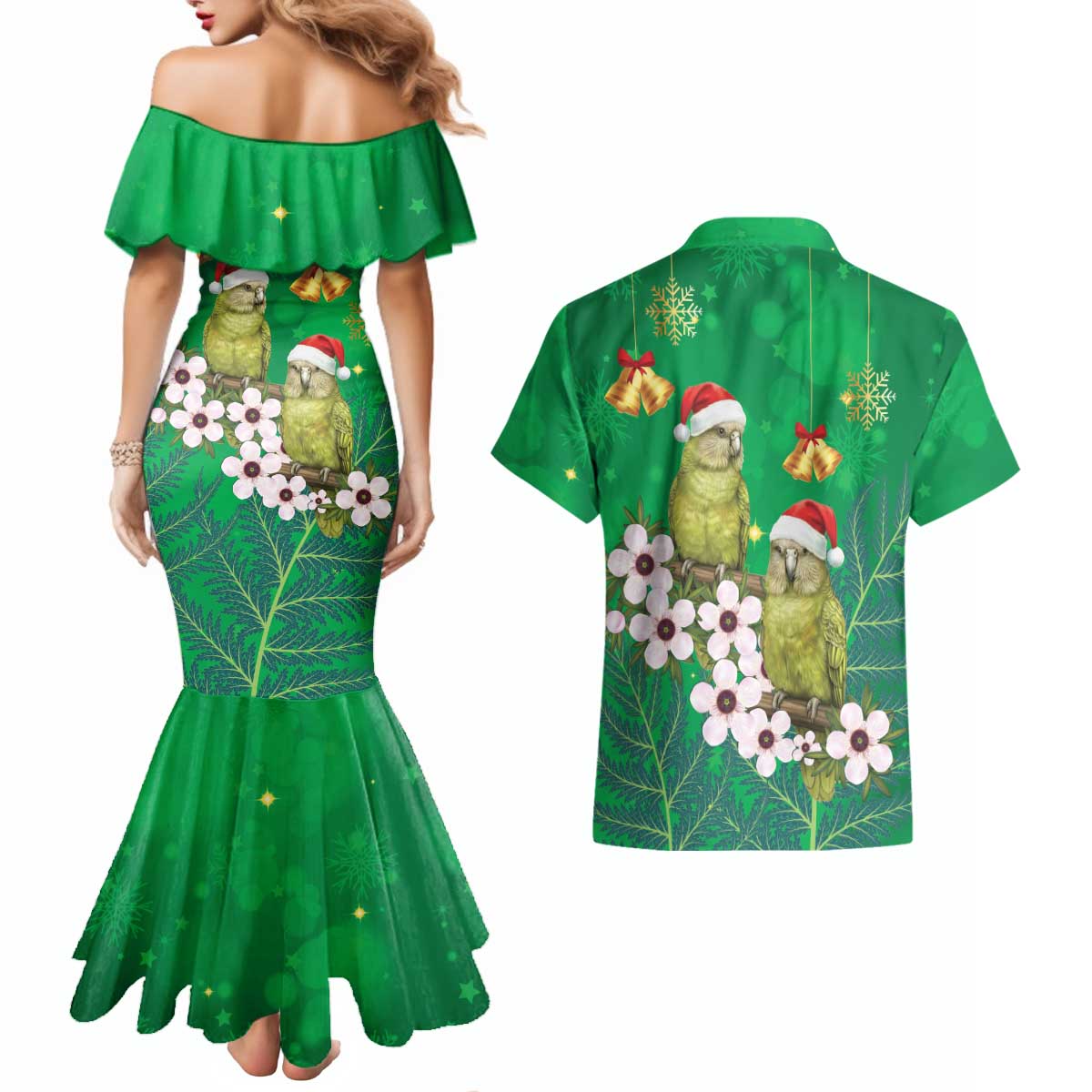 New Zealand Kakapo Christmas Couples Matching Mermaid Dress and Hawaiian Shirt Owl Parrot Santa Sliver Fern Manuka - Green LT14 - Polynesian Pride