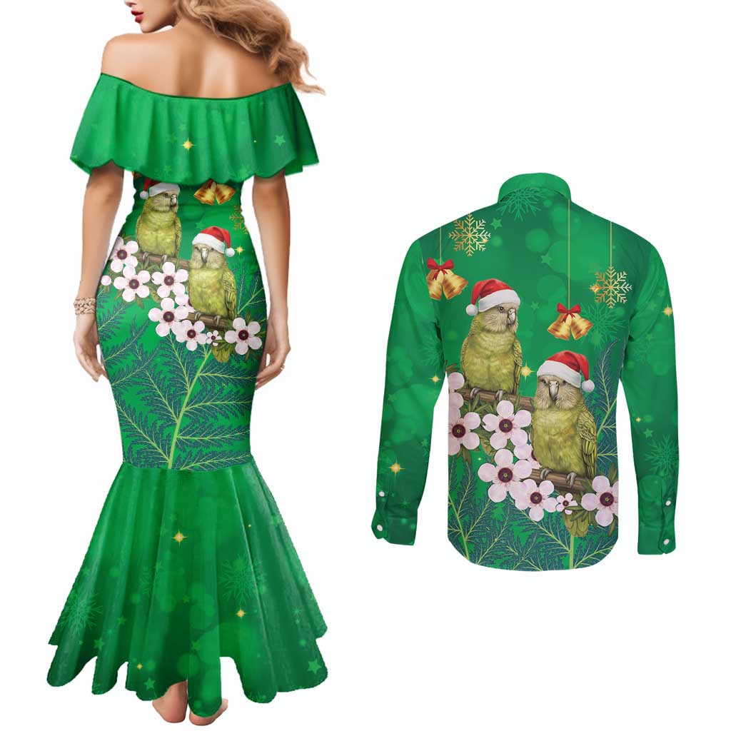 New Zealand Kakapo Christmas Couples Matching Mermaid Dress and Long Sleeve Button Shirt Owl Parrot Santa Sliver Fern Manuka - Green LT14 - Polynesian Pride