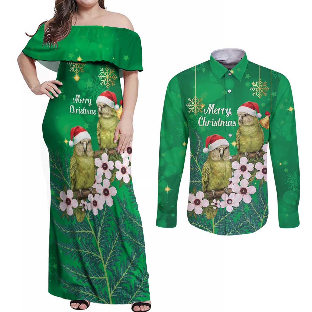 New Zealand Kakapo Christmas Couples Matching Off Shoulder Maxi Dress and Long Sleeve Button Shirt Owl Parrot Santa Sliver Fern Manuka - Green LT14 Green - Polynesian Pride