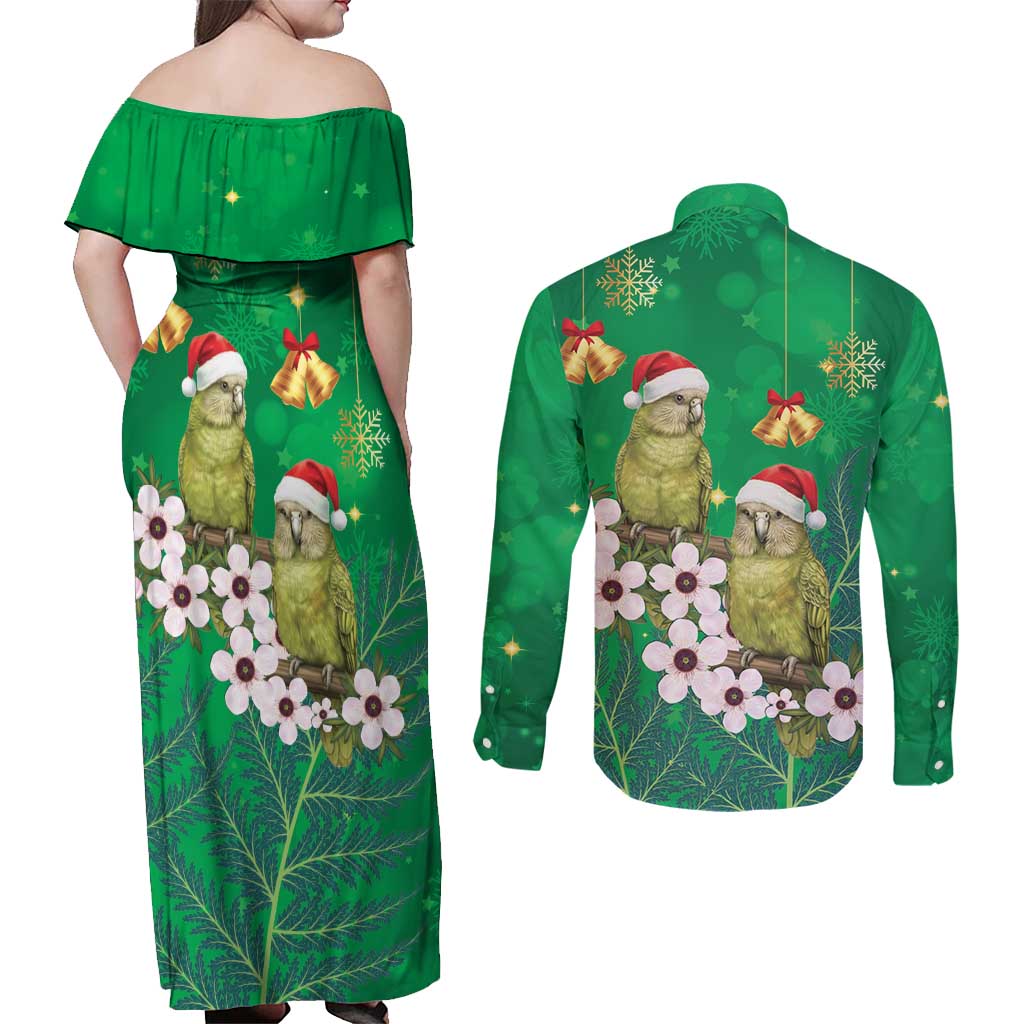 New Zealand Kakapo Christmas Couples Matching Off Shoulder Maxi Dress and Long Sleeve Button Shirt Owl Parrot Santa Sliver Fern Manuka - Green LT14 - Polynesian Pride